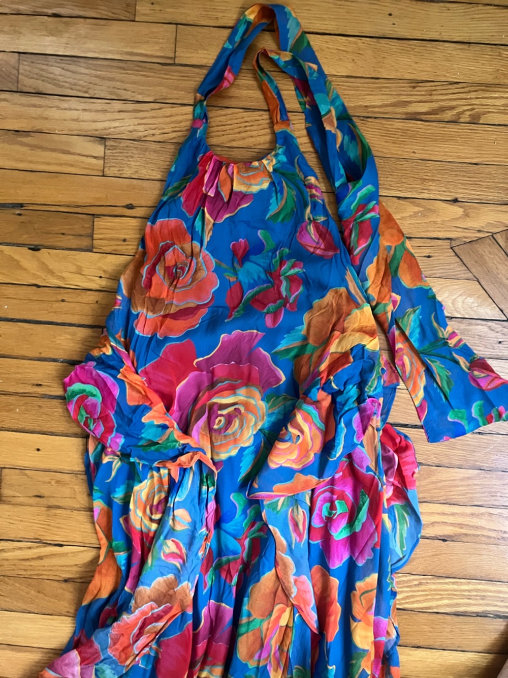 FARM Rio Blue Floral Maxi Dress with Pink & Orange Roses